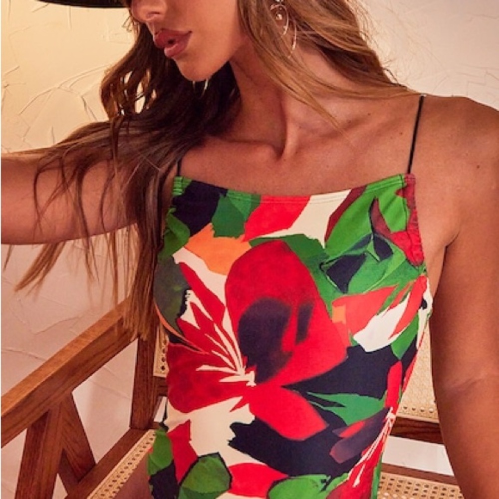 PrettyLittleThing Red and Green One Piece Swimsuit Bold Floral Design Size 10